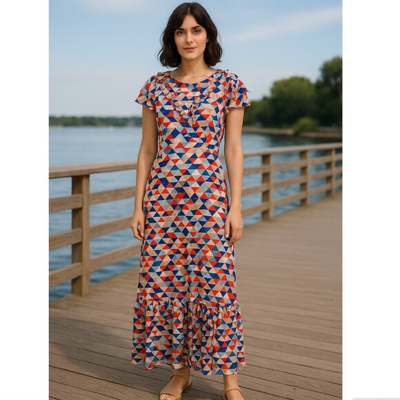 Traffic People Geometric Print Maxi Dress with Flutter Sleeves – Size S - Picture 1 of 10